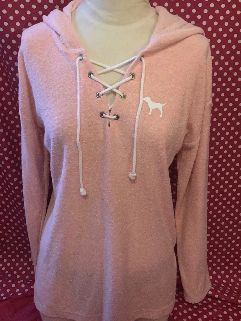 PINK Victoria's Secret Light Pink Lace-Up Hoodie with White Dog Logo